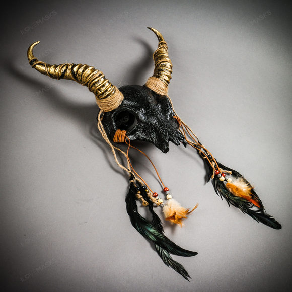 Antelope Devil Animal Skull with Gold Impala Horns Masquerade Mask - Black - Picture 8 of 10